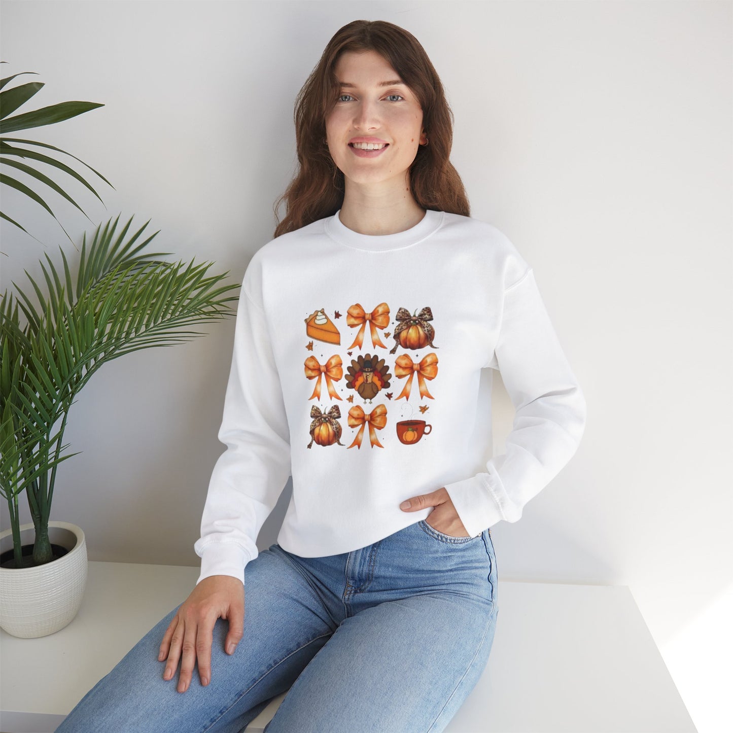 Thanksgiving coquette cutesy turkey bows, girly thanksgiving Unisex Heavy Blend™ Crewneck Sweatshirt