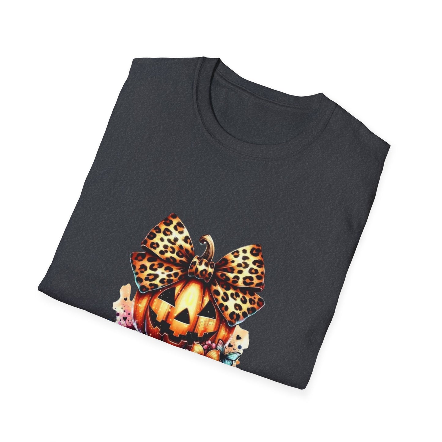 Pumpkin with leopard bow fun girls halloween Unisex Softstyle T-Shirt