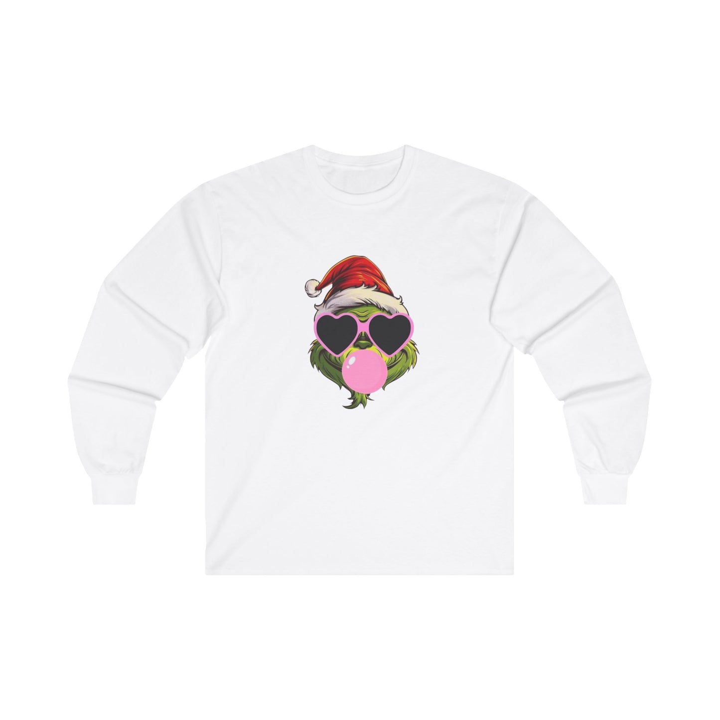 Christmas Bubblegum Grinch Tee, Girly Santa Hat T-Shirt for Women, Holiday Glasses Shirt, Festive Long Sleeve Top, Unisex Cotton Tee, Funny