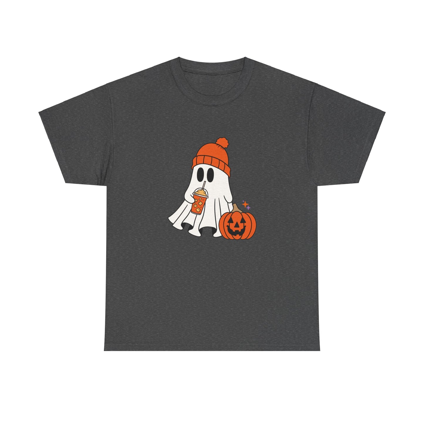 Cute Ghost with latte pumpkin Halloween Unisex Heavy Cotton Tee