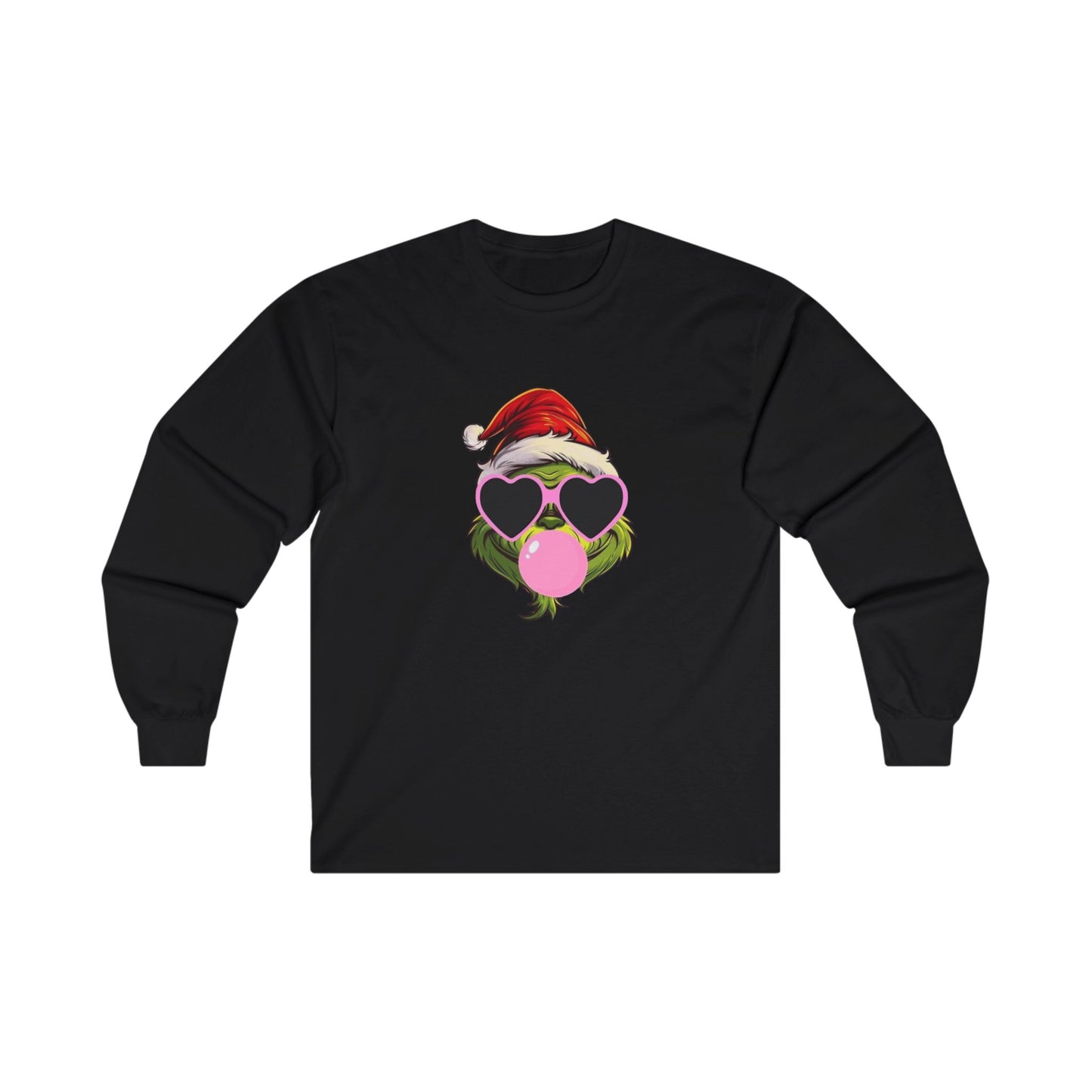 Christmas Bubblegum Grinch Tee, Girly Santa Hat T-Shirt for Women, Holiday Glasses Shirt, Festive Long Sleeve Top, Unisex Cotton Tee, Funny