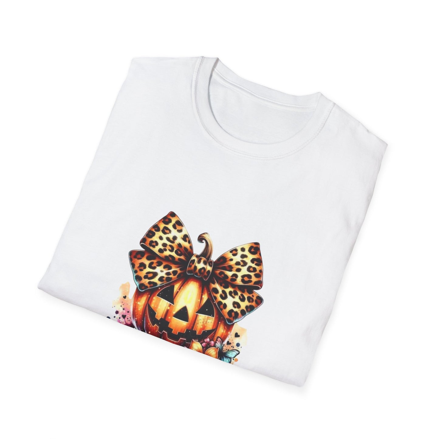 Pumpkin with leopard bow fun girls halloween Unisex Softstyle T-Shirt