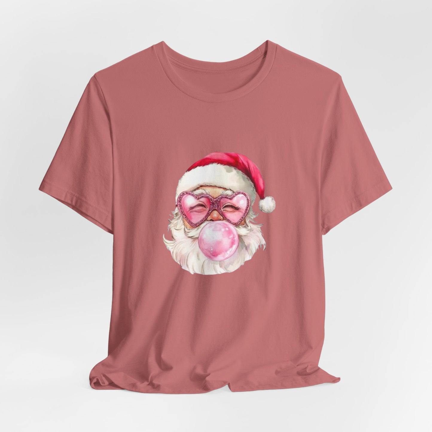 Santa pink bubblegum, sparkle heart shaped glasses , pink Christmas Fun festive holiday girly shirt Unisex Jersey Short Sleeve Tee