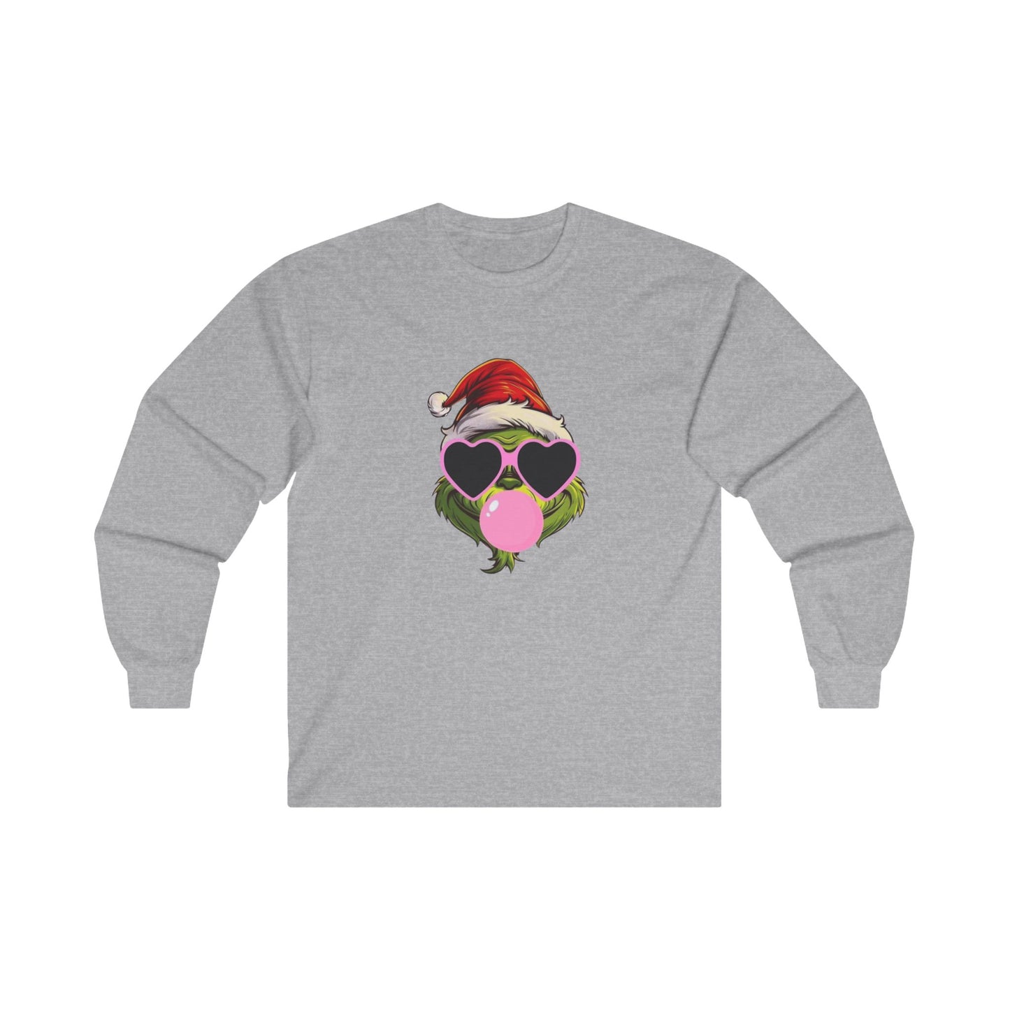 Christmas Bubblegum Grinch Tee, Girly Santa Hat T-Shirt for Women, Holiday Glasses Shirt, Festive Long Sleeve Top, Unisex Cotton Tee, Funny