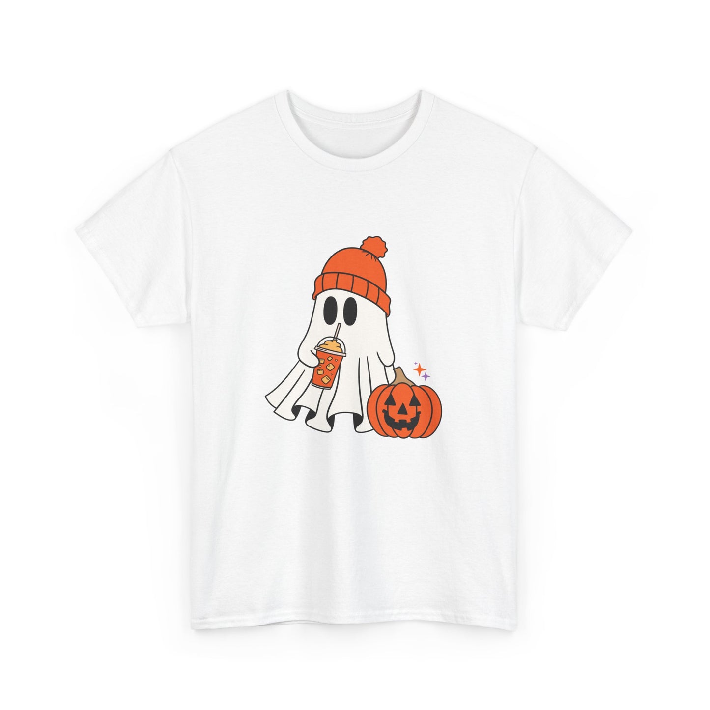 Cute Ghost with latte pumpkin Halloween Unisex Heavy Cotton Tee