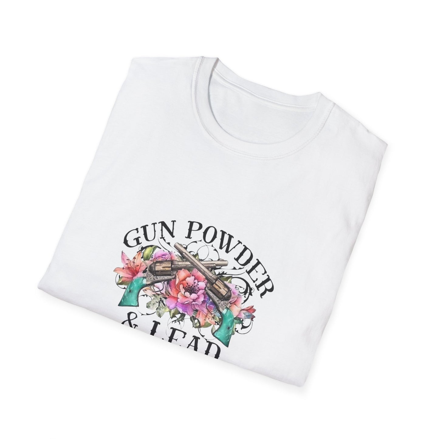 Gunpowder and lead girls flower cowboy cowgirl gift for her turquoise Unisex Softstyle T-Shirt