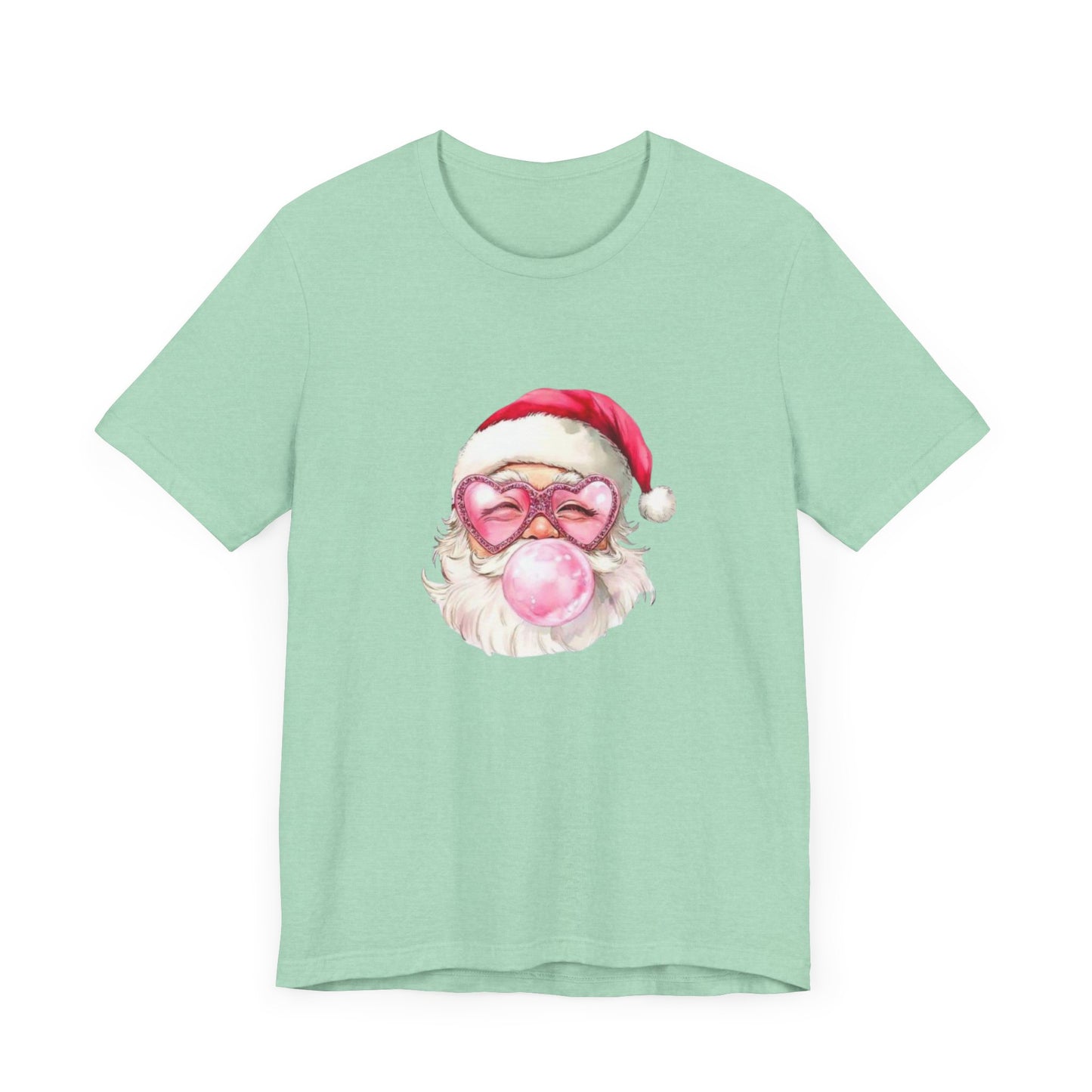 Santa pink bubblegum, sparkle heart shaped glasses , pink Christmas Fun festive holiday girly shirt Unisex Jersey Short Sleeve Tee