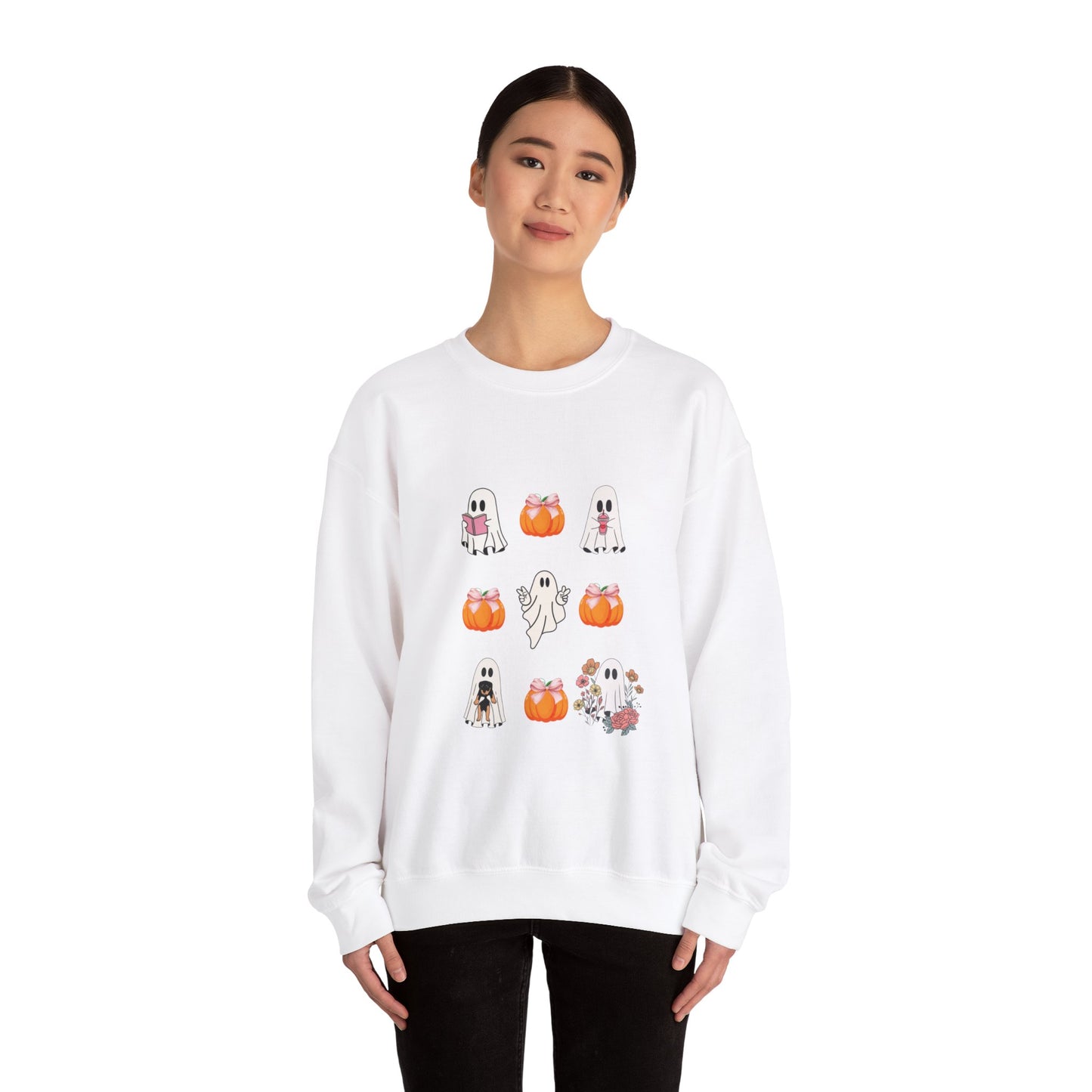 Super Cute Halloween Coquette girly Ghost pumpkin pink bow Unisex Heavy Blend™ Crewneck Sweatshirt