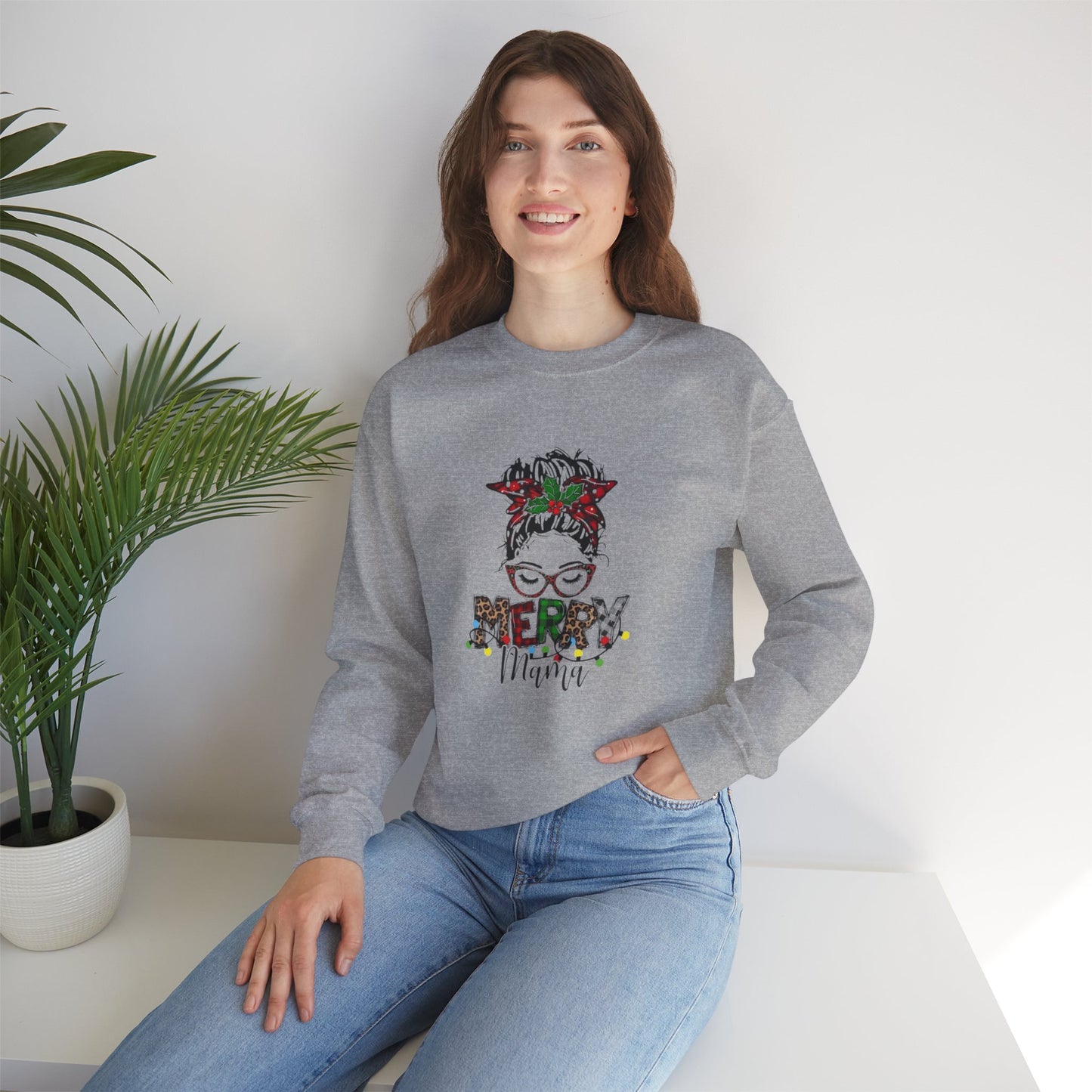 Merry Mama Christmas Sweatshirt, Festive Holiday Gift for Mom, Cute Girl with Glasses and Bun, Unisex Crewneck , MomLife Apparel