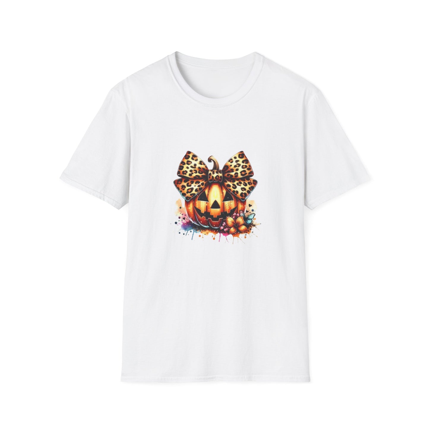 Pumpkin with leopard bow fun girls halloween Unisex Softstyle T-Shirt