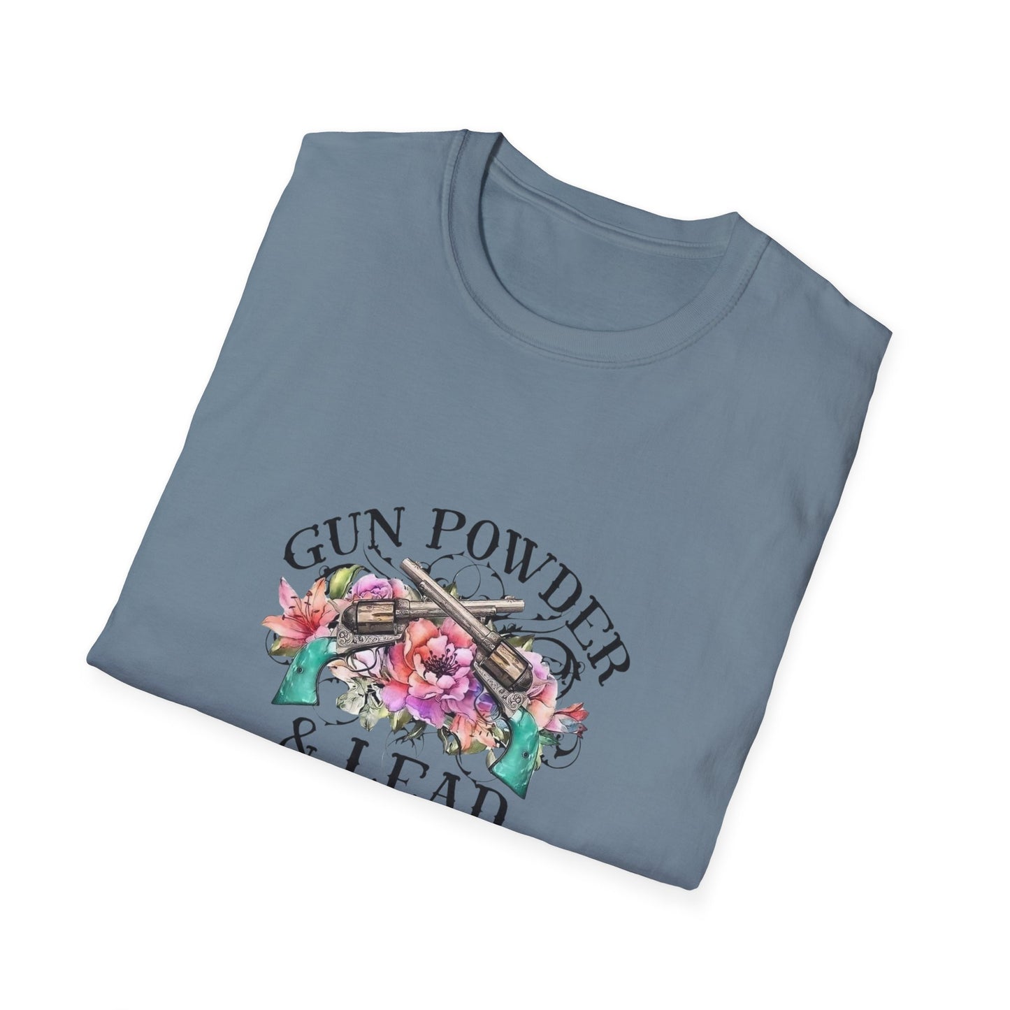 Gunpowder and lead girls flower cowboy cowgirl gift for her turquoise Unisex Softstyle T-Shirt