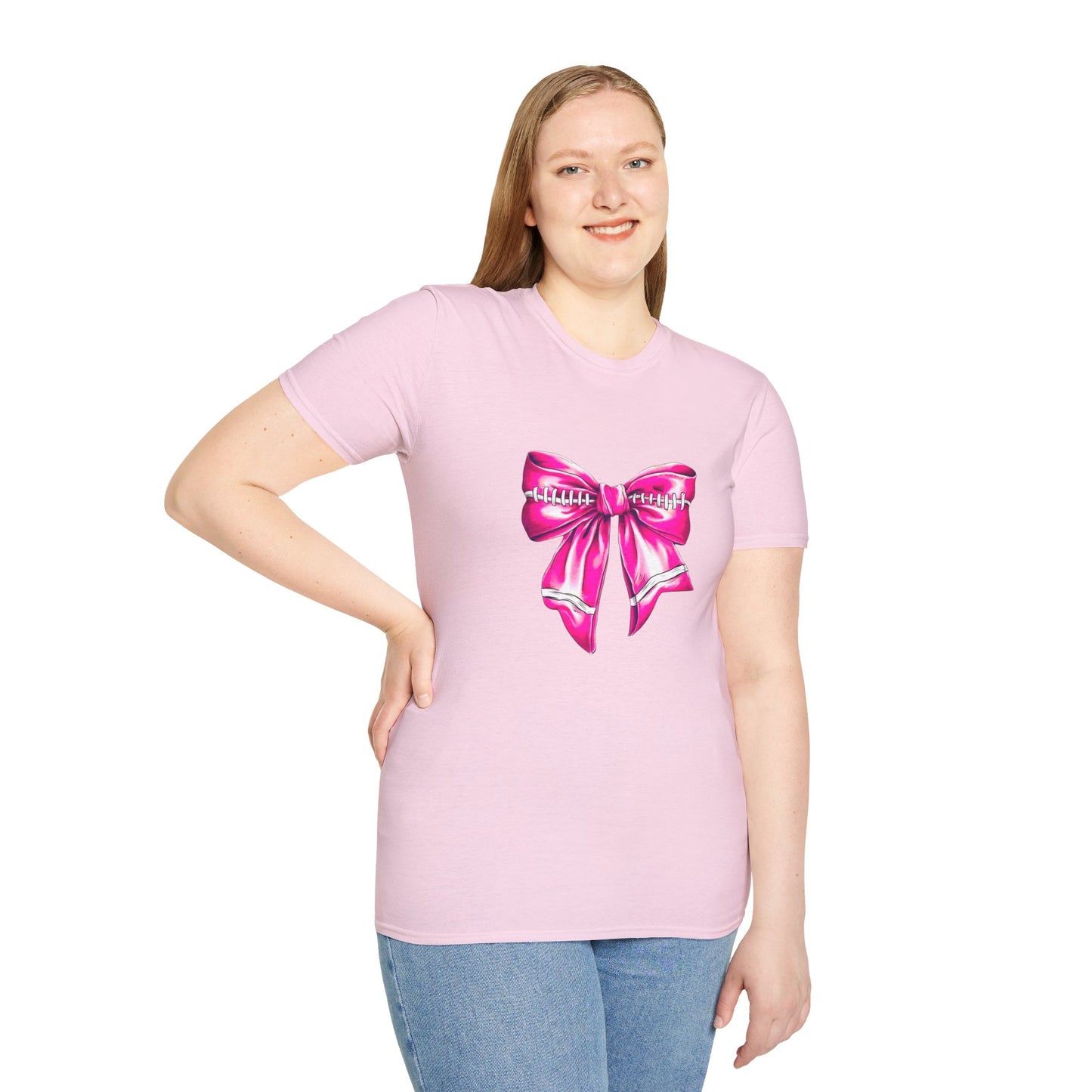 Coquette style Pink Football bow Unisex Softstyle T-Shirt, fun gift for the football Mama, Football girl