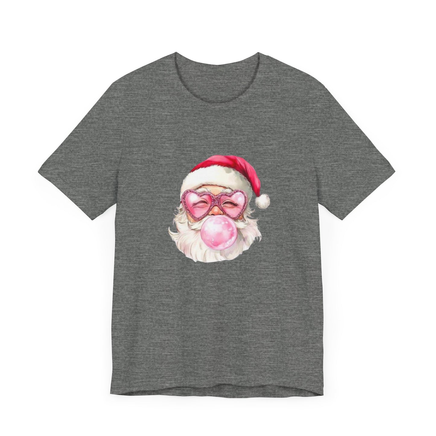 Santa pink bubblegum, sparkle heart shaped glasses , pink Christmas Fun festive holiday girly shirt Unisex Jersey Short Sleeve Tee