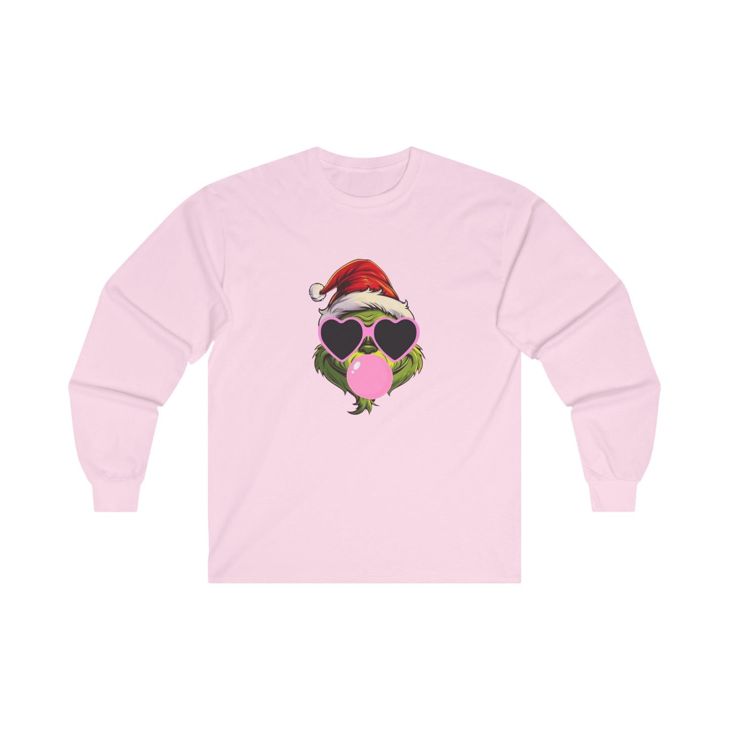 Christmas Bubblegum Grinch Tee, Girly Santa Hat T-Shirt for Women, Holiday Glasses Shirt, Festive Long Sleeve Top, Unisex Cotton Tee, Funny