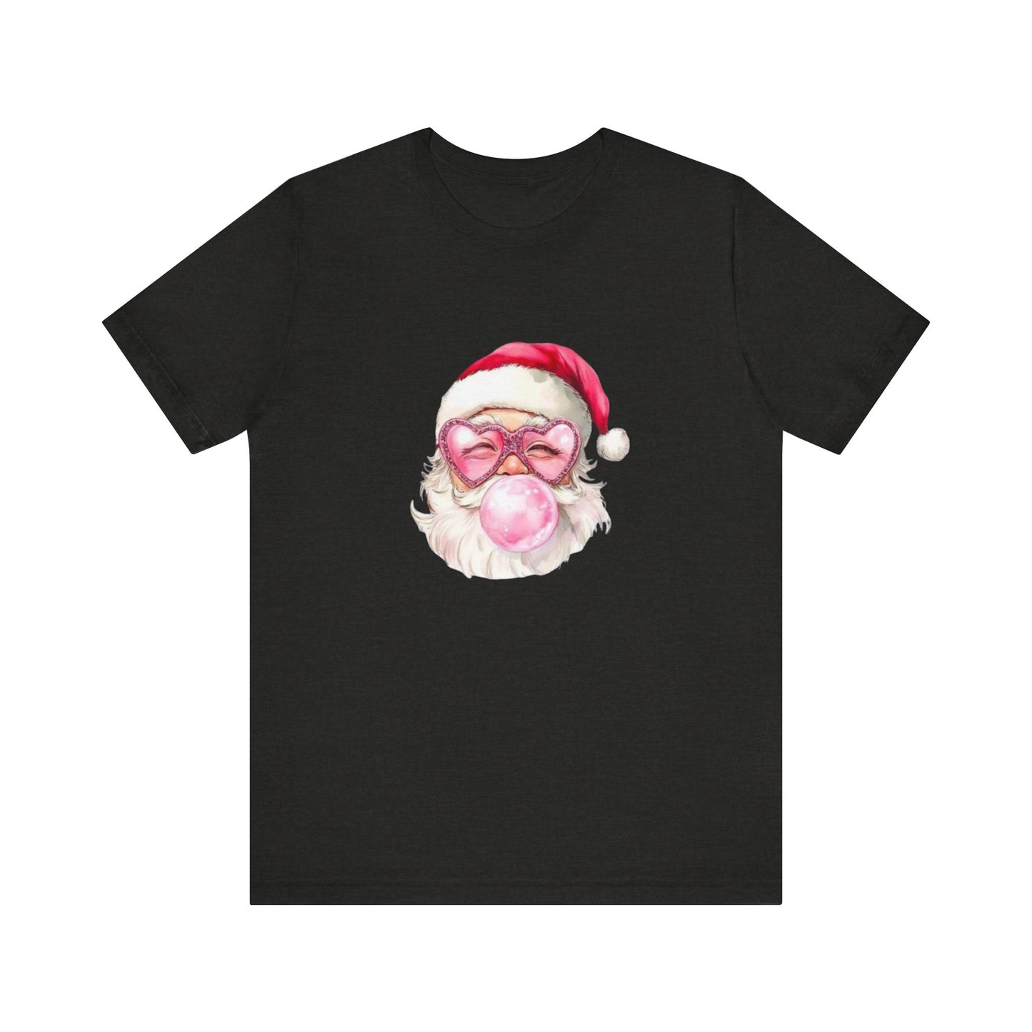 Santa pink bubblegum, sparkle heart shaped glasses , pink Christmas Fun festive holiday girly shirt Unisex Jersey Short Sleeve Tee