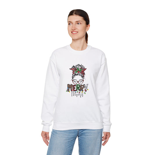 Merry Mama Christmas Sweatshirt, Festive Holiday Gift for Mom, Cute Girl with Glasses and Bun, Unisex Crewneck , MomLife Apparel