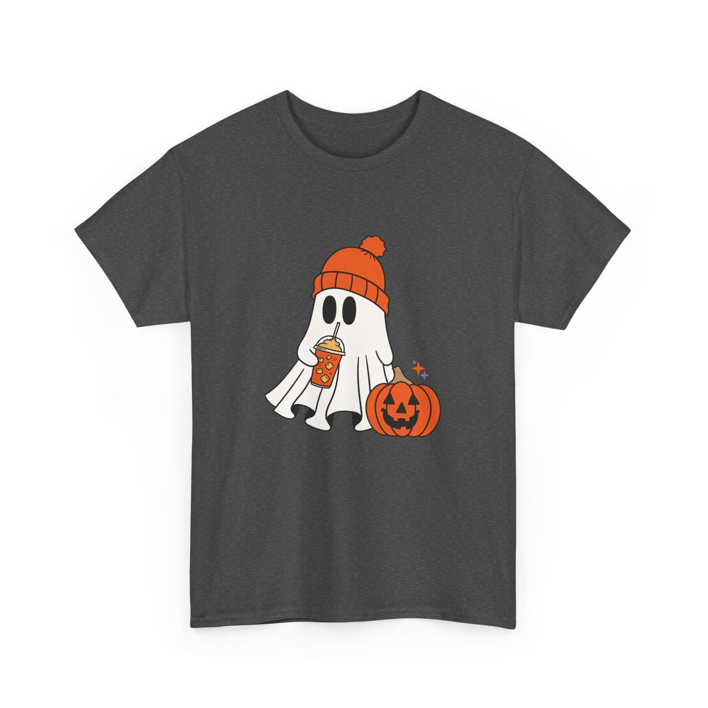 Cute Ghost with latte pumpkin Halloween Unisex Heavy Cotton Tee