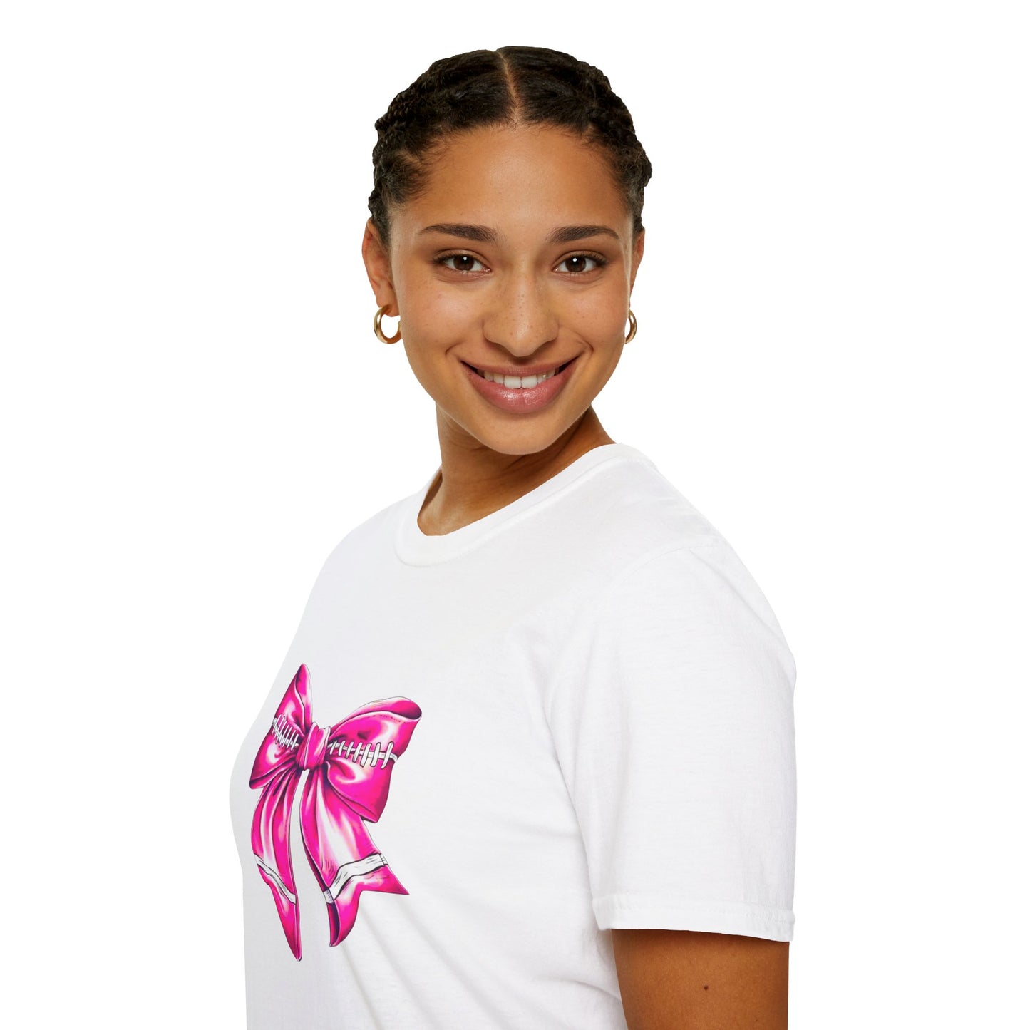 Coquette style Pink Football bow Unisex Softstyle T-Shirt, fun gift for the football Mama, Football girl