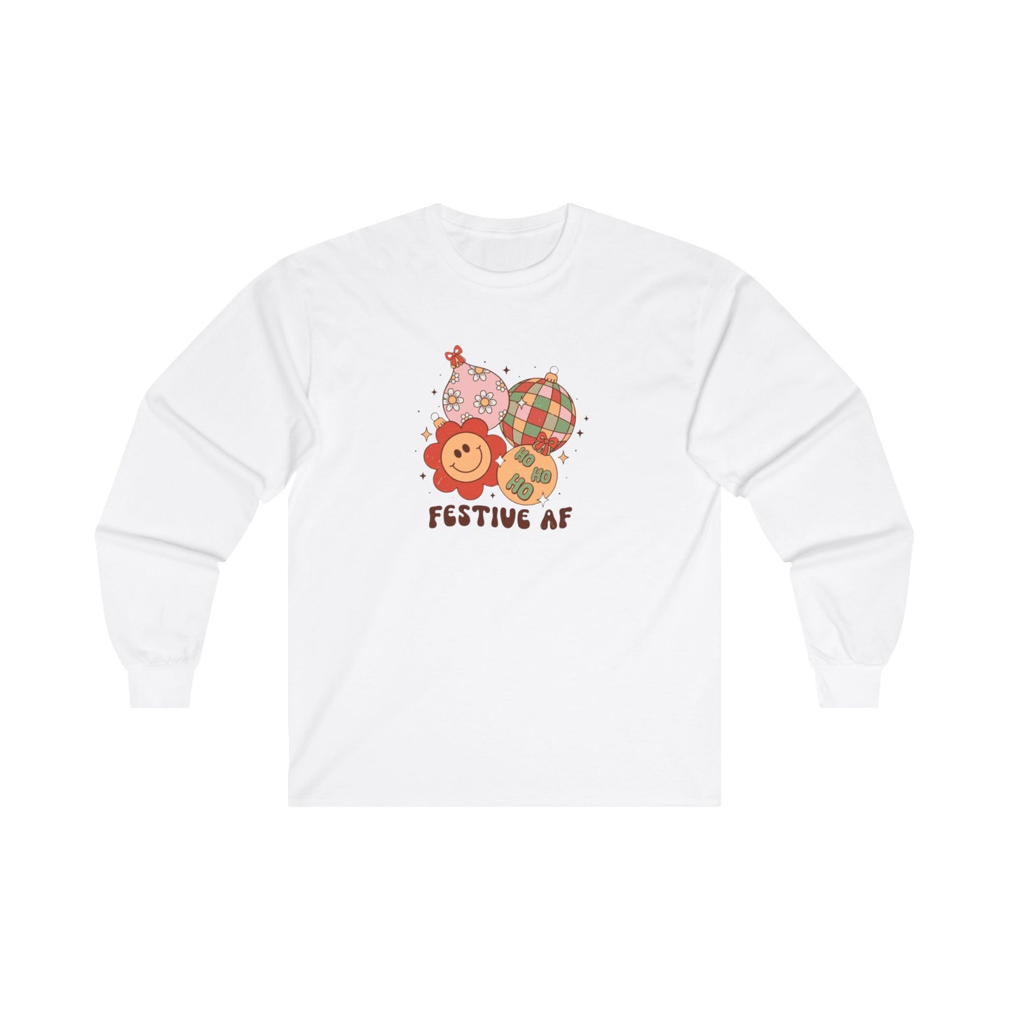 Festive AF Funny Retro Christmas, 70's vibe Holiday smiley face Unisex Ultra Cotton Long Sleeve Tee