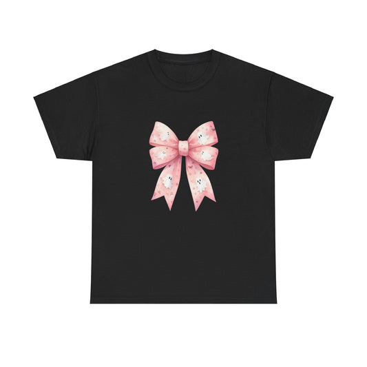 Pink bow with cute ghosts fall halloween cutesy girls gift for her Unisex Heavy Cotton Tee