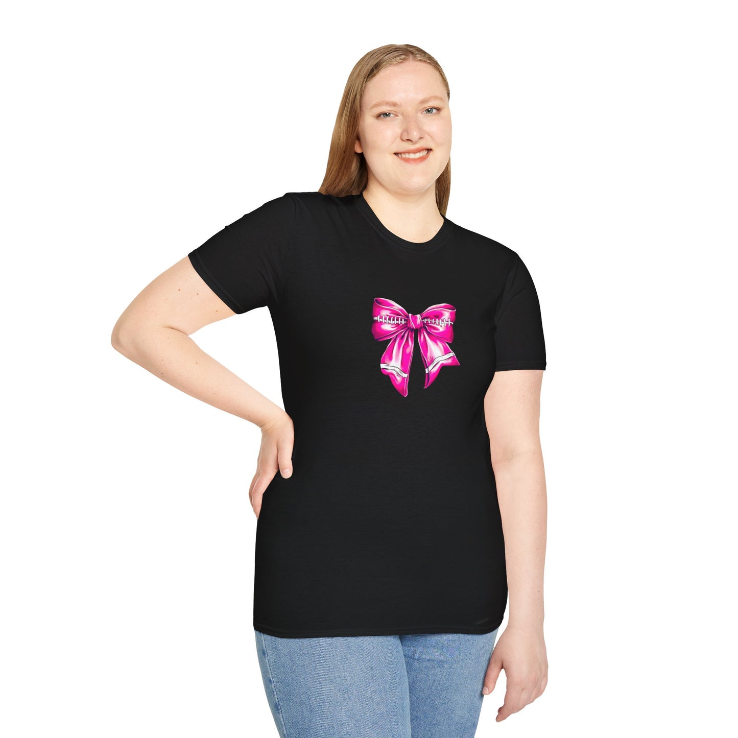 Coquette style Pink Football bow Unisex Softstyle T-Shirt, fun gift for the football Mama, Football girl