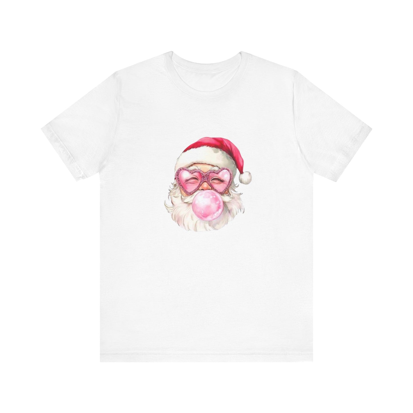 Santa pink bubblegum, sparkle heart shaped glasses , pink Christmas Fun festive holiday girly shirt Unisex Jersey Short Sleeve Tee