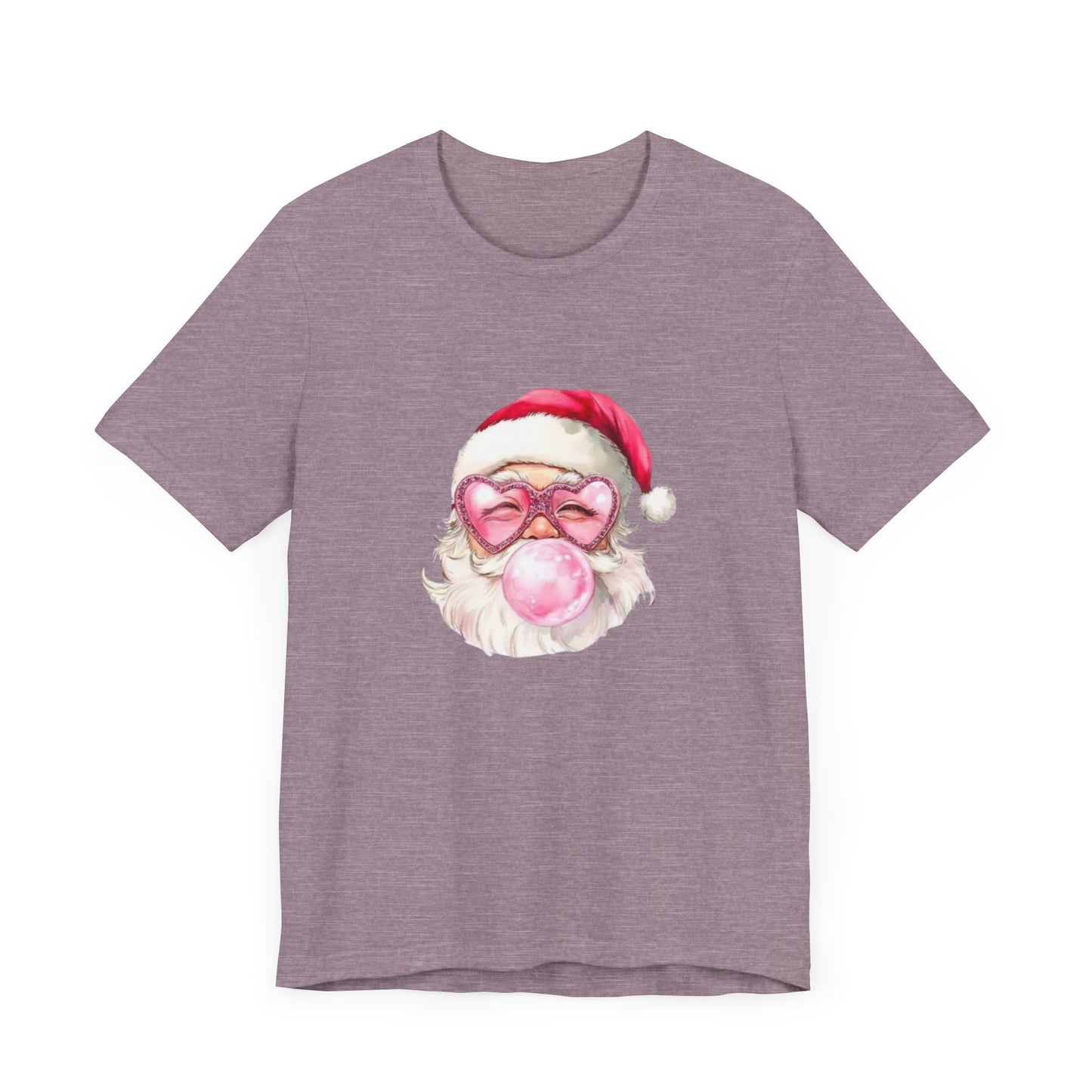 Santa pink bubblegum, sparkle heart shaped glasses , pink Christmas Fun festive holiday girly shirt Unisex Jersey Short Sleeve Tee