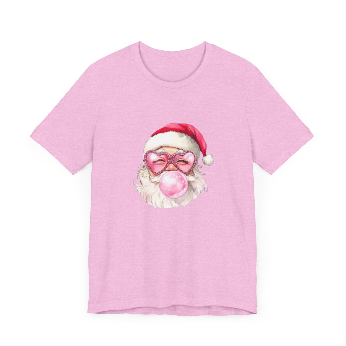 Santa pink bubblegum, sparkle heart shaped glasses , pink Christmas Fun festive holiday girly shirt Unisex Jersey Short Sleeve Tee