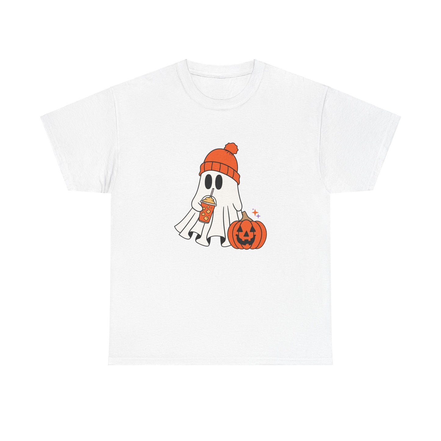 Cute Ghost with latte pumpkin Halloween Unisex Heavy Cotton Tee