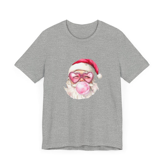 Santa pink bubblegum, sparkle heart shaped glasses , pink Christmas Fun festive holiday girly shirt Unisex Jersey Short Sleeve Tee